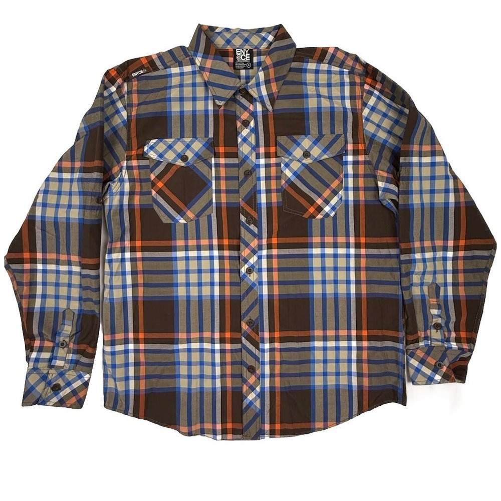 Enyce Clothing Co Brand Distinction Mens Sz L Blue Brown Plaid LS Shirt. Button